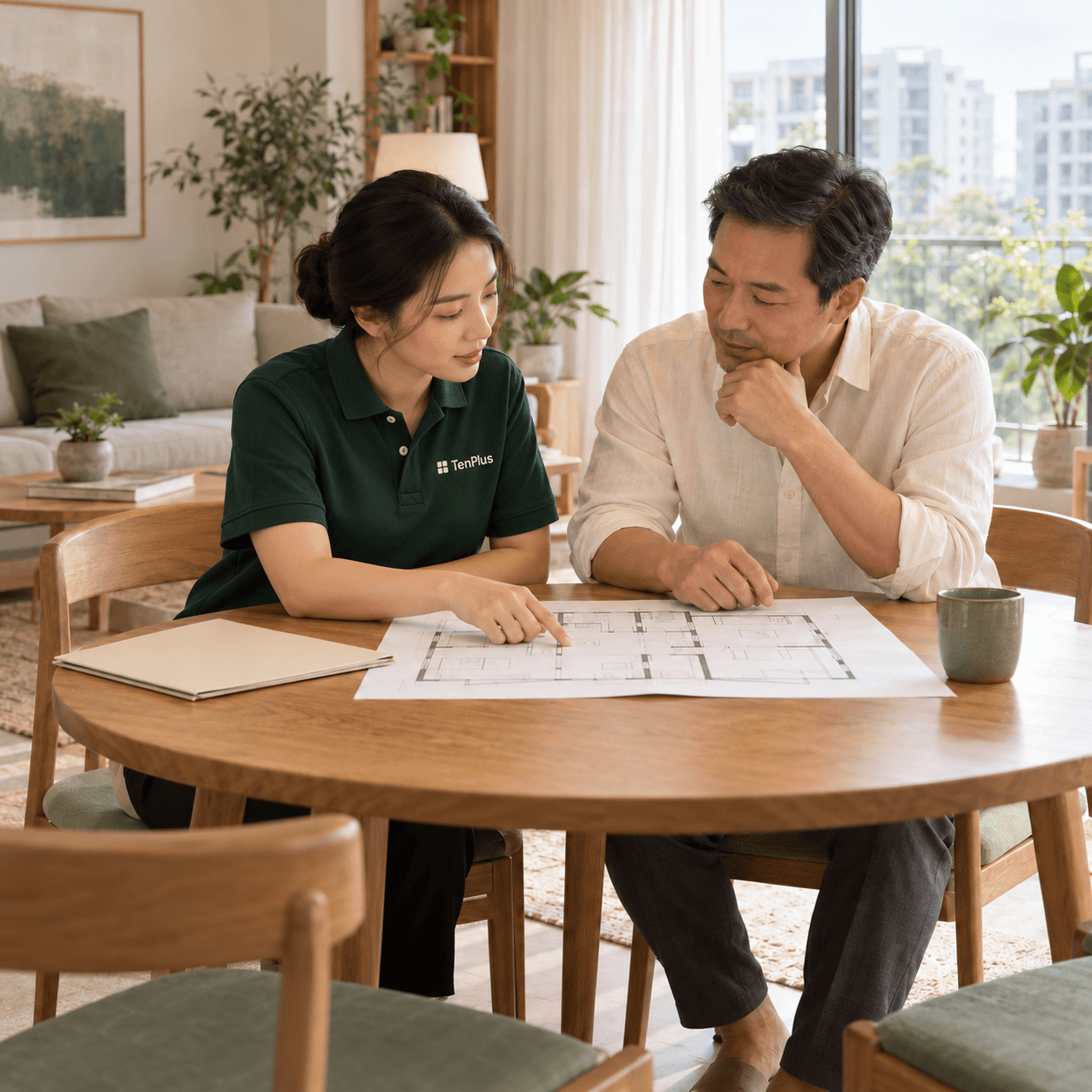 Nhân viên TenPlus cùng chủ nhà xem bản vẽ mặt bằng căn hộ